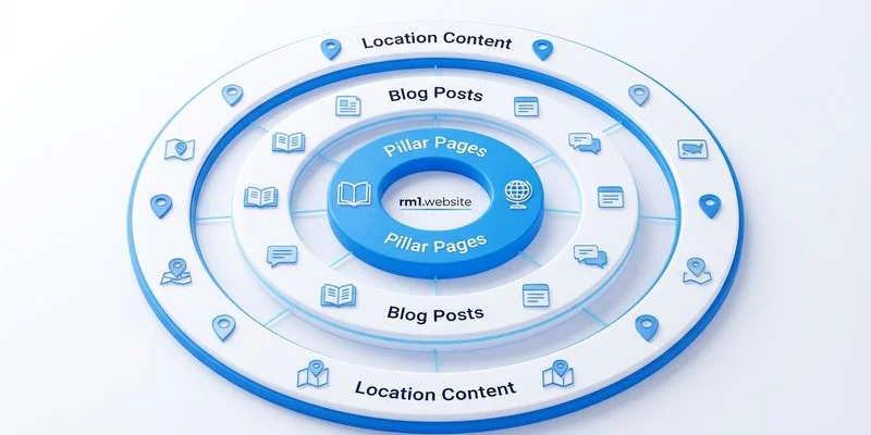 Strategic content moat diagram showing layers of protection from pillar pages blog posts and location content