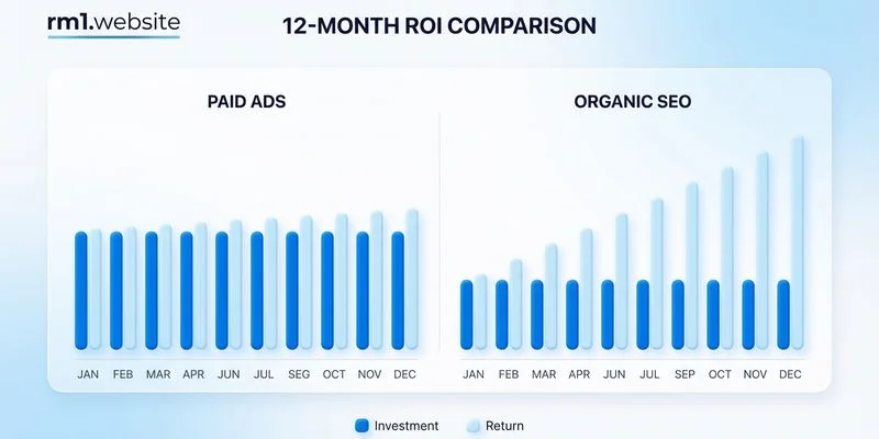 Cost comparison chart showing Google Ads vs SEO return on investment over 12 months for Malaysian business