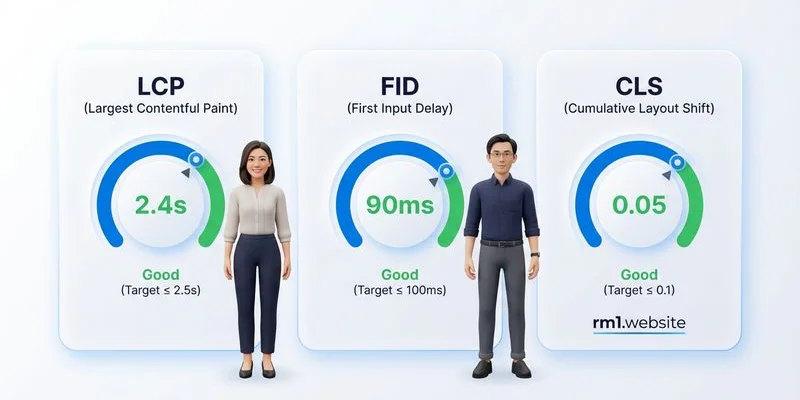 Google Core Web Vitals metrics explained showing LCP FID and CLS with target scores