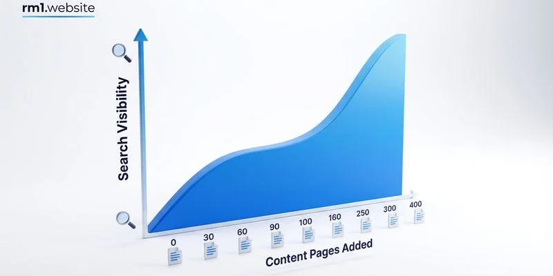 Chart showing correlation between number of topically relevant pages and search visibility growth over time