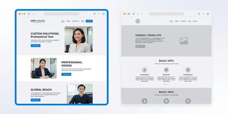 Comparison showing professional static website versus generic template website builder output