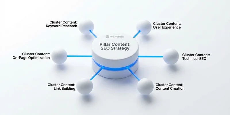Diagram showing how topical authority works with pillar pages and supporting content creating a content cluster