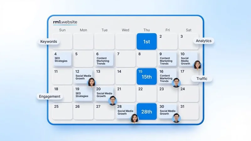 Calendar showing monthly content publishing schedule with blog post topics and target keywords