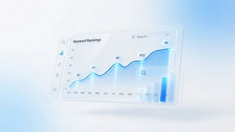 SEO dashboard tracking 50 keywords for a Malaysian business with upward ranking trend over 12 months